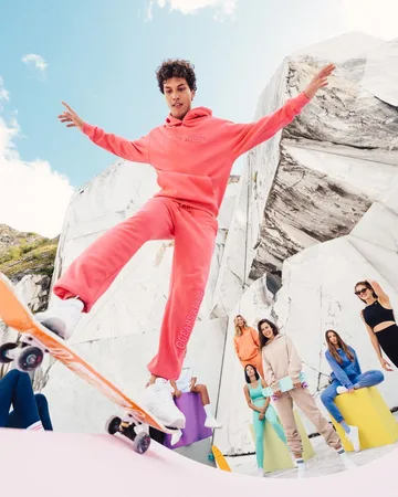 Sportswear-Kampagne: Mann im pinken Trainingsanzug springt zwischen weißen Felsen